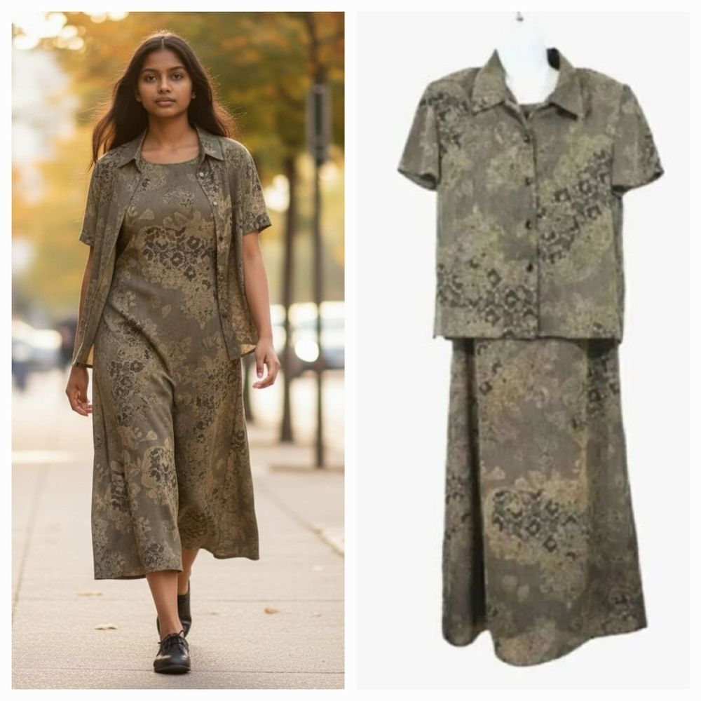 Vintage Virgo 2 PC Antique Lace Chiffon Button Down Top and Midi Dress Size 8